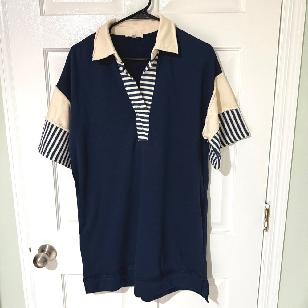 Entro Navy Blue Striped Mixed Media Polo Dress Short Sleeve Small D22885